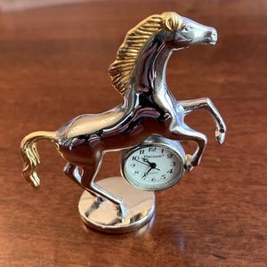 Vintage Miniature Horse Rearing Up Clock. Silver Tone. Japan Movement.
